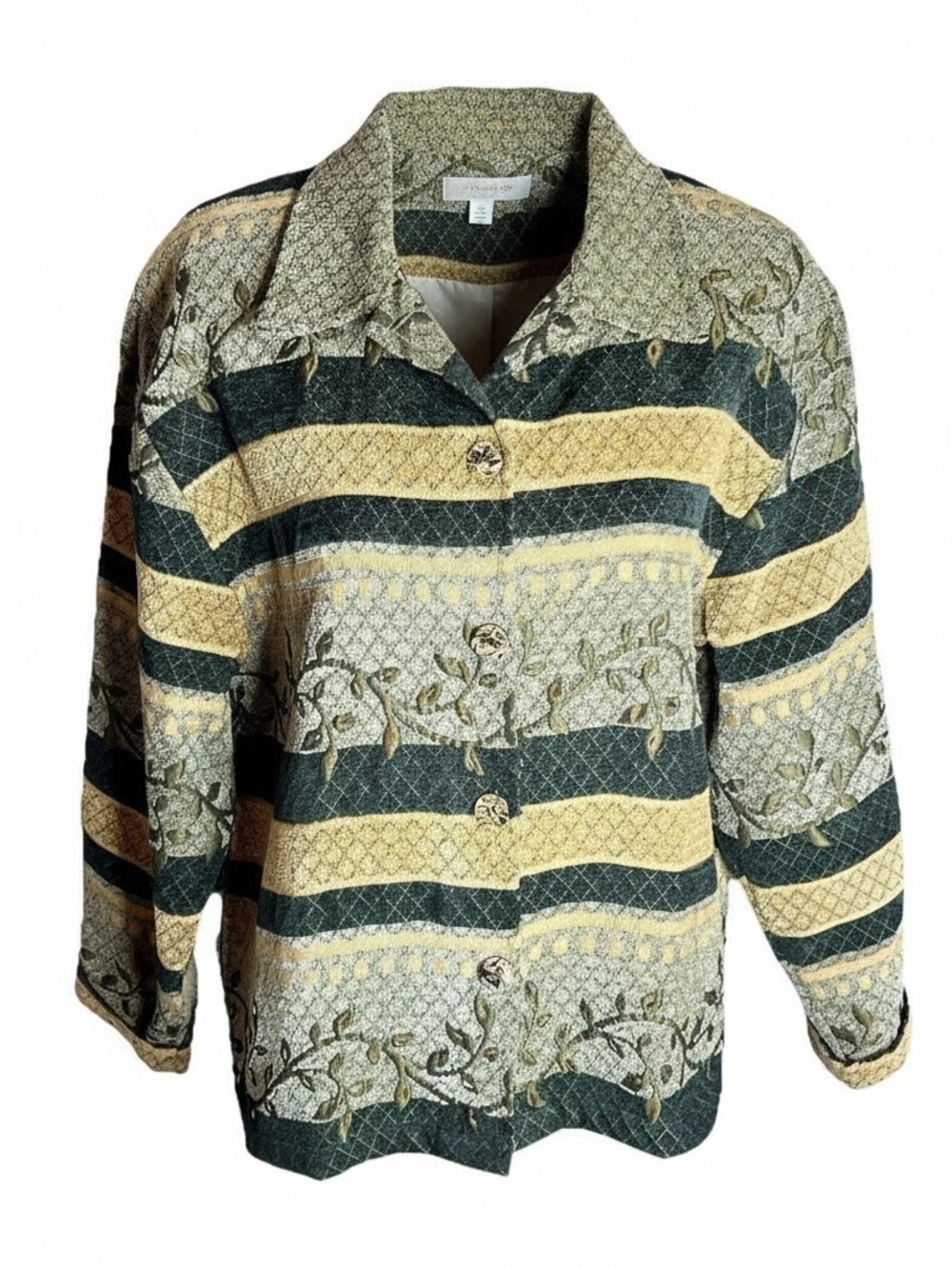 Keren Hart Lightweight Tapestry Jacket Sz M Black Gold Cuffed Sleeves Buttons